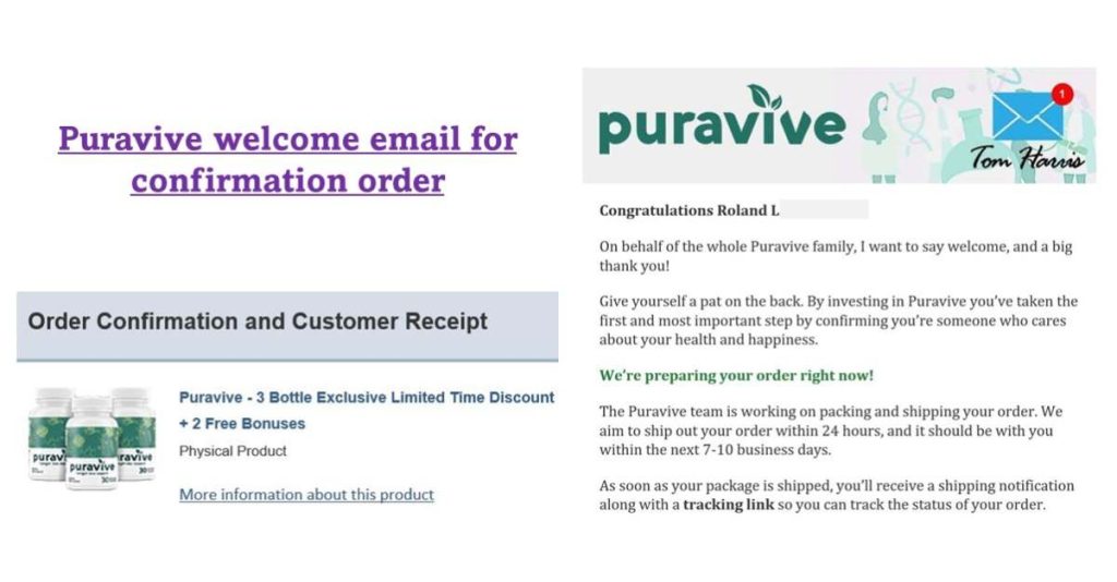 Puravive welcome email - Confirmation order for new purchase
