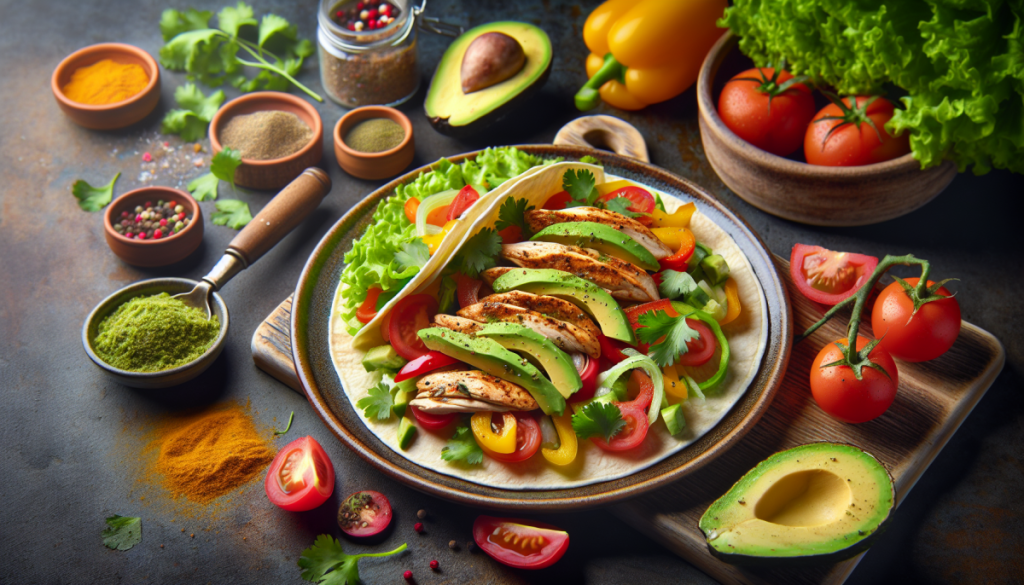 Healthy Chicken avocadoes Tacos server with veggies and spices